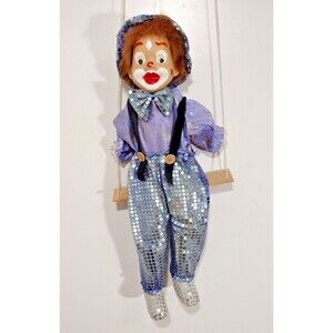 VTG Porcelain Cloth Clown Marionette 22" On Swing Face Halloween Puppet READ